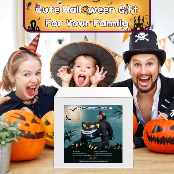 4FT Black Cat Halloween Inflatable Decoration Outdoor Home Yard Holiday Lights - Picture 7 of 8